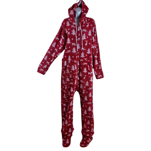 SleepytimePjs Red Holiday Hooded One Pc Adult M/L Zipper Footies Reindeer Trees - Picture 2 of 10